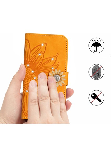 Tecno Camon 17P Pırlantalı Kabartmalı Ayçiçeği Kısa Askılı Manyetik Kartlıklı Cüzdan Telefon Kılıfı (Yurt Dışından)