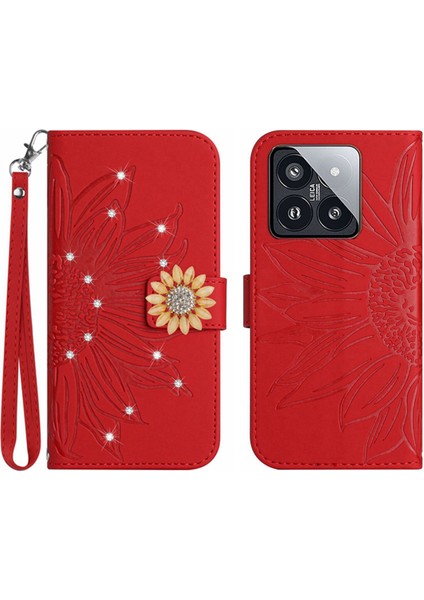Xiaomi 14 Pro Pırlantalı Kabartmalı Ayçiçeği Kısa Askılı Manyetik Kartlıklı Cüzdan Telefon Kılıfı (Yurt Dışından)