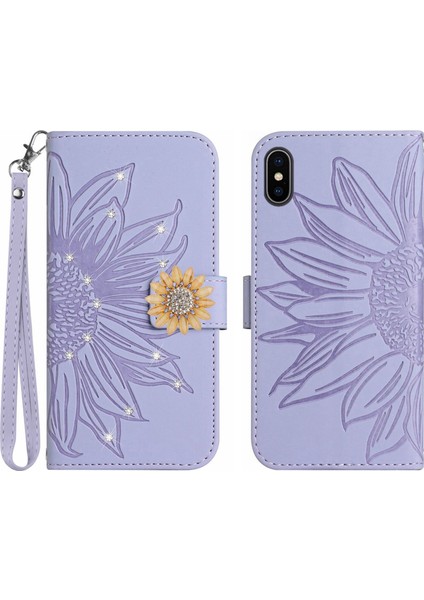 iPhone X/xs Pırlantalı Kabartmalı Ayçiçeği Kısa Askılı Manyetik Kartlıklı Cüzdan Telefon Kılıfı (Yurt Dışından)