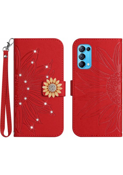 Oppo Reno 5 Pırlantalı Kabartmalı Ayçiçeği Kısa Askılı Manyetik Kartlıklı Cüzdan Telefon Kılıfı (Yurt Dışından)