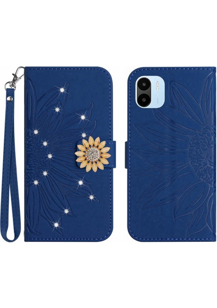 Xiaomi Redmi A1 Pırlantalı Kabartmalı Ayçiçeği Kısa Askılı Manyetik Kartlıklı Cüzdan Telefon Kılıfı (Yurt Dışından)