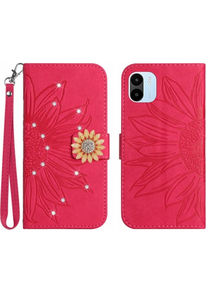 Xiaomi Redmi A1 Pırlantalı Kabartmalı Ayçiçeği Kısa Askılı Manyetik Kartlıklı Cüzdan Telefon Kılıfı (Yurt Dışından)
