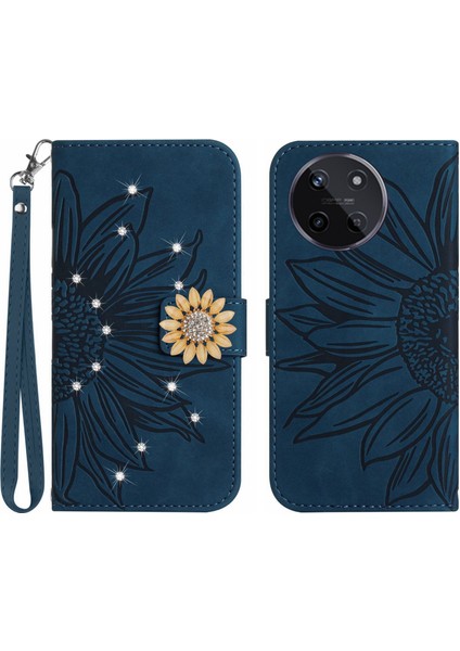 Realme 11 4g Pırlantalı Kabartmalı Ayçiçeği Kısa Askılı Manyetik Kartlıklı Cüzdan Telefon Kılıfı (Yurt Dışından)