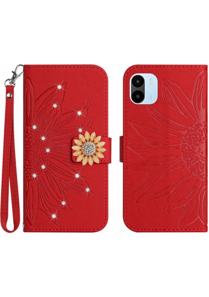 Xiaomi Redmi A1 Pırlantalı Kabartmalı Ayçiçeği Kısa Askılı Manyetik Kartlıklı Cüzdan Telefon Kılıfı (Yurt Dışından)