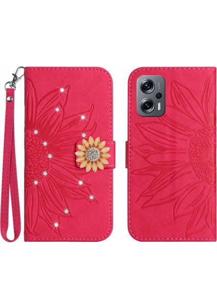 Xiaomi Poco X4 Gt Pırlantalı Kabartmalı Ayçiçeği Kısa Askılı Manyetik Kartlıklı Cüzdan Telefon Kılıfı (Yurt Dışından)
