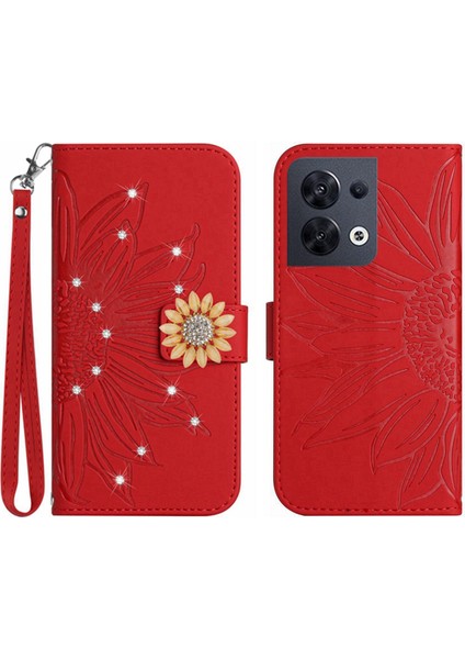 Oppo Reno 8 4g Pırlantalı Kabartmalı Ayçiçeği Kısa Askılı Manyetik Kartlıklı Cüzdan Telefon Kılıfı (Yurt Dışından)