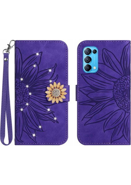 Oppo Reno 5 Pırlantalı Kabartmalı Ayçiçeği Kısa Askılı Manyetik Kartlıklı Cüzdan Telefon Kılıfı (Yurt Dışından)