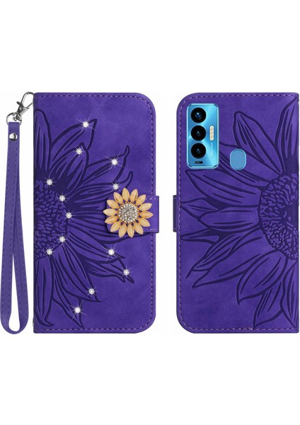 Tecno Camon 18I Pırlantalı Kabartmalı Ayçiçeği Kısa Askılı Manyetik Kartlıklı Cüzdan Telefon Kılıfı (Yurt Dışından)