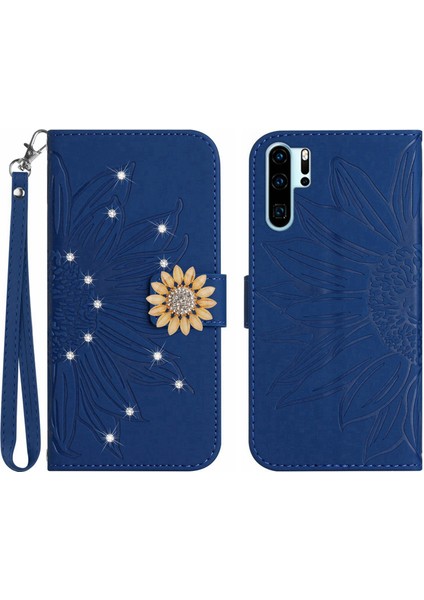 Huawei P30 Pro Pırlantalı Kabartmalı Ayçiçeği Kısa Askılı Manyetik Kartlıklı Cüzdan Telefon Kılıfı (Yurt Dışından)