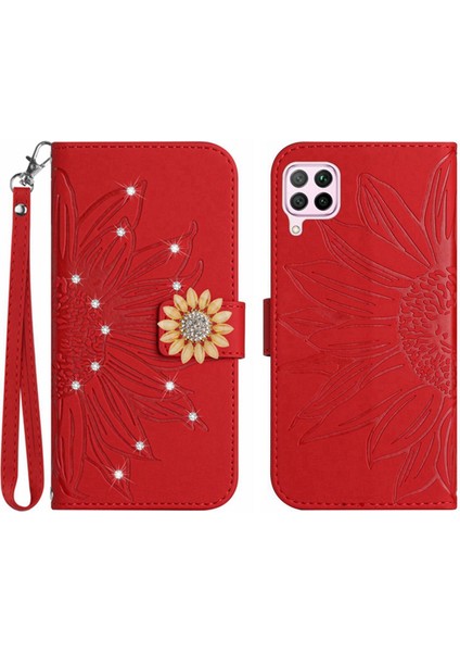 Huawei P40 Lite Pırlantalı Kabartmalı Ayçiçeği Kısa Askılı Manyetik Kartlıklı Cüzdan Telefon Kılıfı (Yurt Dışından)