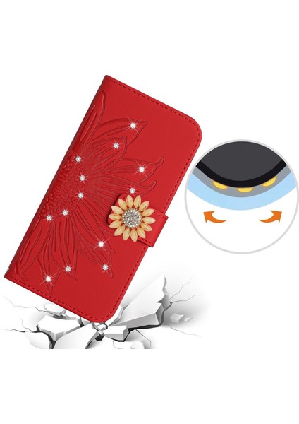 Huawei P40 Lite Pırlantalı Kabartmalı Ayçiçeği Kısa Askılı Manyetik Kartlıklı Cüzdan Telefon Kılıfı (Yurt Dışından)
