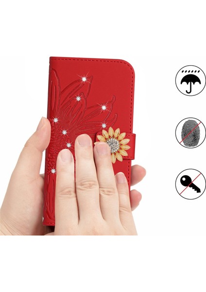 Huawei P40 Lite Pırlantalı Kabartmalı Ayçiçeği Kısa Askılı Manyetik Kartlıklı Cüzdan Telefon Kılıfı (Yurt Dışından)