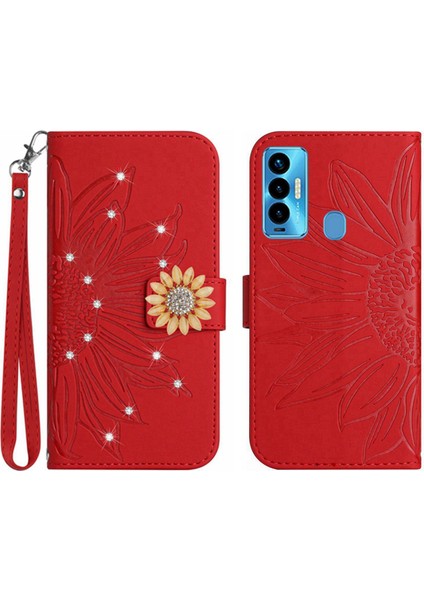 Tecno Camon 18I Pırlantalı Kabartmalı Ayçiçeği Kısa Askılı Manyetik Kartlıklı Cüzdan Telefon Kılıfı (Yurt Dışından)