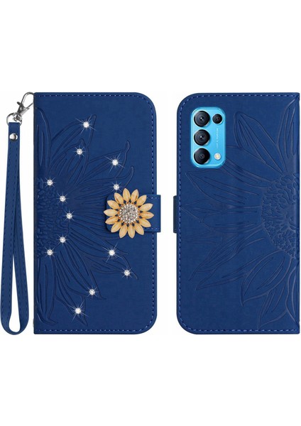 Oppo Reno 5 Pırlantalı Kabartmalı Ayçiçeği Kısa Askılı Manyetik Kartlıklı Cüzdan Telefon Kılıfı (Yurt Dışından)