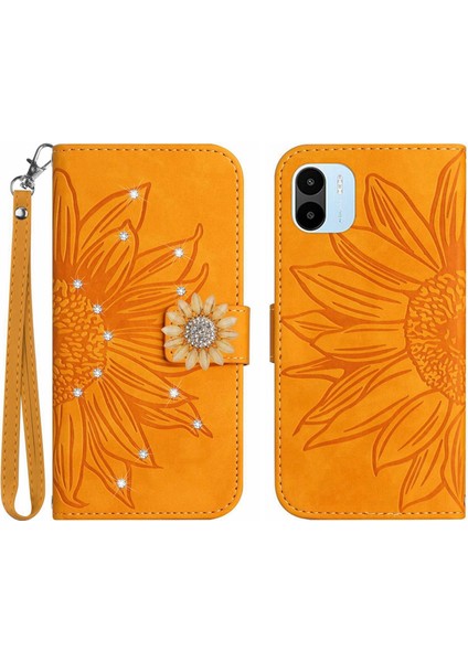 Xiaomi Redmi A1 Pırlantalı Kabartmalı Ayçiçeği Kısa Askılı Manyetik Kartlıklı Cüzdan Telefon Kılıfı (Yurt Dışından)