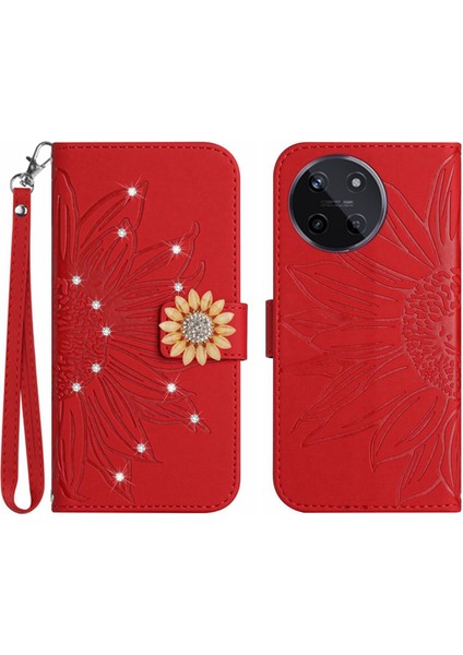 Realme 11 4g Pırlantalı Kabartmalı Ayçiçeği Kısa Askılı Manyetik Kartlıklı Cüzdan Telefon Kılıfı (Yurt Dışından)
