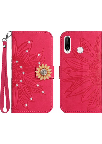 Huawei P30 Lite Pırlantalı Kabartmalı Ayçiçeği Kısa Askılı Manyetik Kartlıklı Cüzdan Telefon Kılıfı (Yurt Dışından)