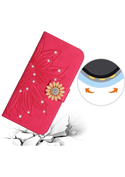 Huawei P30 Lite Pırlantalı Kabartmalı Ayçiçeği Kısa Askılı Manyetik Kartlıklı Cüzdan Telefon Kılıfı (Yurt Dışından)