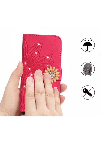 Huawei P30 Lite Pırlantalı Kabartmalı Ayçiçeği Kısa Askılı Manyetik Kartlıklı Cüzdan Telefon Kılıfı (Yurt Dışından)