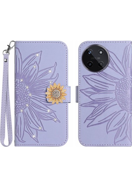 Realme 11 4g Pırlantalı Kabartmalı Ayçiçeği Kısa Askılı Manyetik Kartlıklı Cüzdan Telefon Kılıfı (Yurt Dışından)
