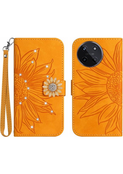 Realme 11 4g Pırlantalı Kabartmalı Ayçiçeği Kısa Askılı Manyetik Kartlıklı Cüzdan Telefon Kılıfı (Yurt Dışından)