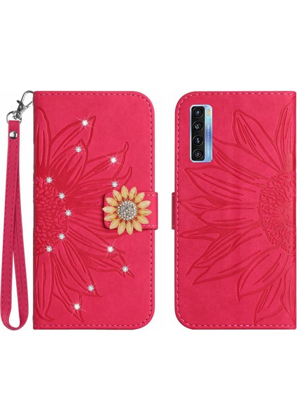 Tcl 20S/20 5G/20L Pırlantalı Kabartmalı Ayçiçeği Kısa Askılı Manyetik Kartlıklı Cüzdan Telefon Kılıfı (Yurt Dışından)