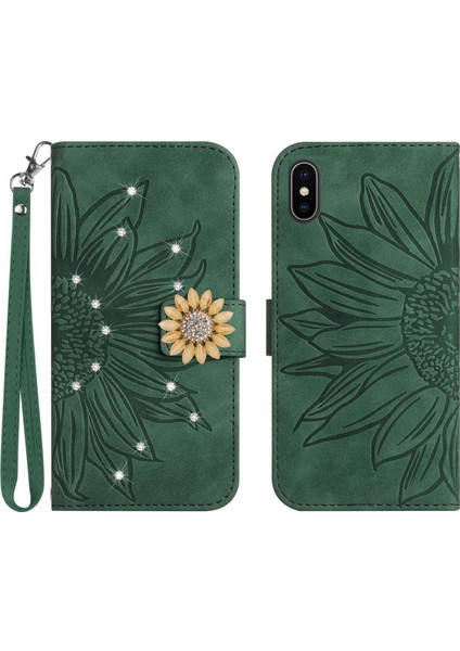 iPhone Xs Max Pırlantalı Kabartmalı Ayçiçeği Kısa Askılı Manyetik Kartlıklı Cüzdan Telefon Kılıfı (Yurt Dışından)