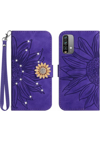 Xiaomi Poco M3 Pırlantalı Kabartmalı Ayçiçeği Kısa Askılı Manyetik Kartlıklı Cüzdan Telefon Kılıfı (Yurt Dışından)
