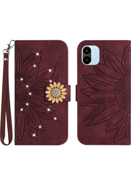 Xiaomi Redmi A1 Pırlantalı Kabartmalı Ayçiçeği Kısa Askılı Manyetik Kartlıklı Cüzdan Telefon Kılıfı (Yurt Dışından)