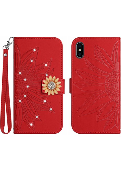 iPhone Xs Max Pırlantalı Kabartmalı Ayçiçeği Kısa Askılı Manyetik Kartlıklı Cüzdan Telefon Kılıfı (Yurt Dışından)