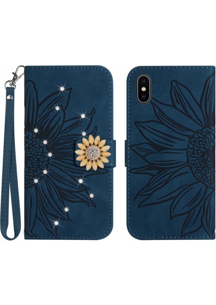 iPhone Xs Max Pırlantalı Kabartmalı Ayçiçeği Kısa Askılı Manyetik Kartlıklı Cüzdan Telefon Kılıfı (Yurt Dışından)