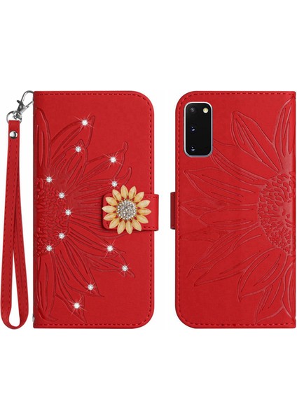 Samsung Galaxy S20 Pırlantalı Kabartmalı Ayçiçeği Kısa Askılı Manyetik Kartlıklı Cüzdan Telefon Kılıfı (Yurt Dışından)