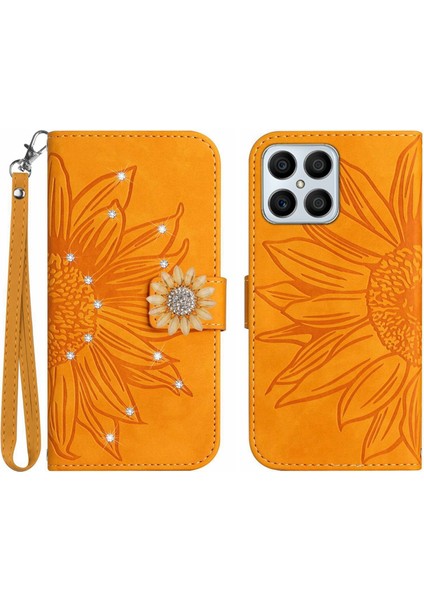 Honor X8 4g Pırlantalı Kabartmalı Ayçiçeği Kısa Askılı Manyetik Kartlıklı Cüzdan Telefon Kılıfı (Yurt Dışından)