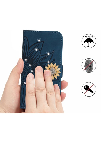 iPhone 7/8 Pırlantalı Kabartmalı Ayçiçeği Kısa Askılı Manyetik Kartlıklı Cüzdan Telefon Kılıfı (Yurt Dışından)