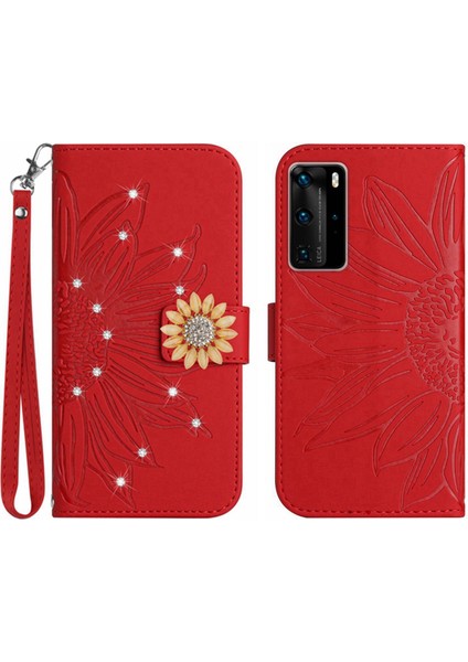 Huawei P40 Pro Pırlantalı Kabartmalı Ayçiçeği Kısa Askılı Manyetik Kartlıklı Cüzdan Telefon Kılıfı (Yurt Dışından)