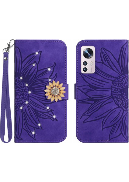 Xiaomi 12 Lite Pırlantalı Kabartmalı Ayçiçeği Kısa Askılı Manyetik Kartlıklı Cüzdan Telefon Kılıfı (Yurt Dışından)