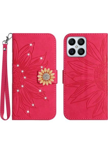 Honor X8 4g Pırlantalı Kabartmalı Ayçiçeği Kısa Askılı Manyetik Kartlıklı Cüzdan Telefon Kılıfı (Yurt Dışından)