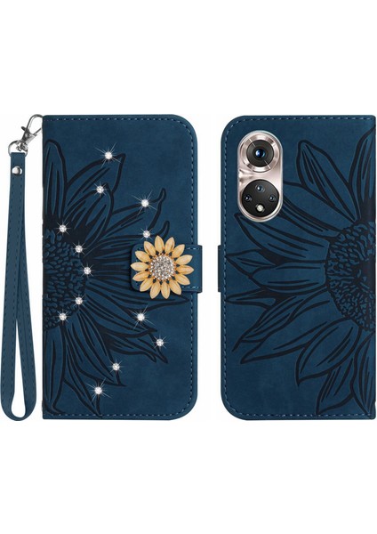 Huawei P50 Pro Pırlantalı Kabartmalı Ayçiçeği Kısa Askılı Manyetik Kartlıklı Cüzdan Telefon Kılıfı (Yurt Dışından)