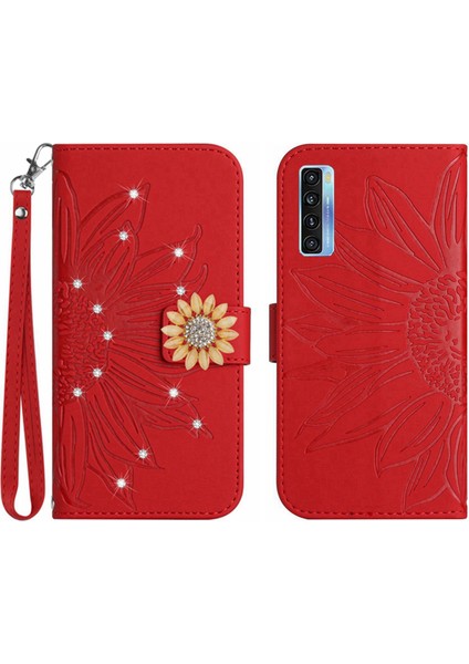 Tcl 20S/20 5G/20L Pırlantalı Kabartmalı Ayçiçeği Kısa Askılı Manyetik Kartlıklı Cüzdan Telefon Kılıfı (Yurt Dışından)