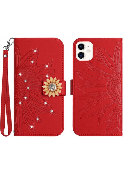 iPhone 12 Mini Pırlantalı Kabartmalı Ayçiçeği Kısa Askılı Manyetik Kartlıklı Cüzdan Telefon Kılıfı (Yurt Dışından)