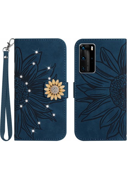 Huawei P40 Pro Pırlantalı Kabartmalı Ayçiçeği Kısa Askılı Manyetik Kartlıklı Cüzdan Telefon Kılıfı (Yurt Dışından)