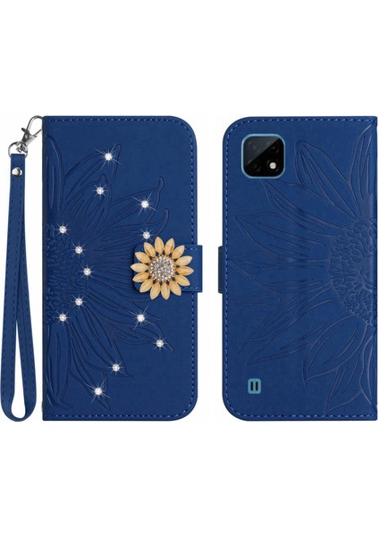 Realme C11 Pırlantalı Kabartmalı Ayçiçeği Kısa Askılı Manyetik Kartlıklı Cüzdan Telefon Kılıfı (Yurt Dışından)