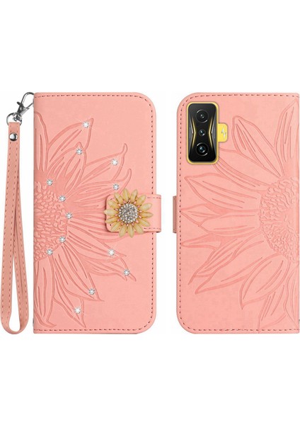 Xiaomi Poco F4 Gt Pırlantalı Kabartmalı Ayçiçeği Kısa Askılı Manyetik Kartlıklı Cüzdan Telefon Kılıfı (Yurt Dışından)