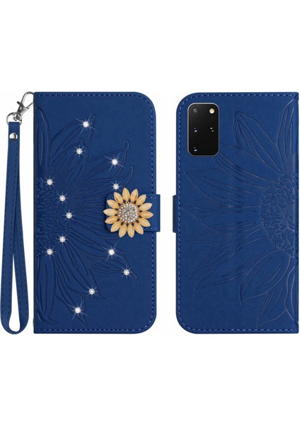 Samsung Galaxy S20 Plus Pırlantalı Kabartmalı Ayçiçeği Kısa Askılı Manyetik Kartlıklı Cüzdan Telefon Kılıfı (Yurt Dışından)