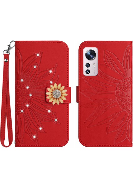 Xiaomi 12 Lite Pırlantalı Kabartmalı Ayçiçeği Kısa Askılı Manyetik Kartlıklı Cüzdan Telefon Kılıfı (Yurt Dışından)