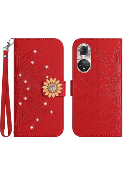Huawei P50 Pro Pırlantalı Kabartmalı Ayçiçeği Kısa Askılı Manyetik Kartlıklı Cüzdan Telefon Kılıfı (Yurt Dışından)