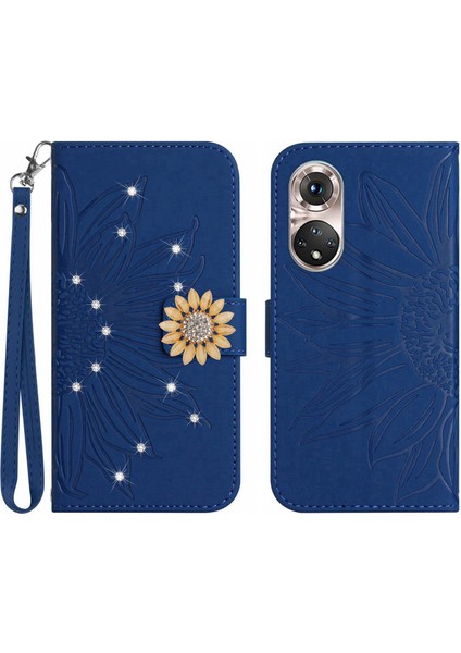 Huawei P50 Pro Pırlantalı Kabartmalı Ayçiçeği Kısa Askılı Manyetik Kartlıklı Cüzdan Telefon Kılıfı (Yurt Dışından)