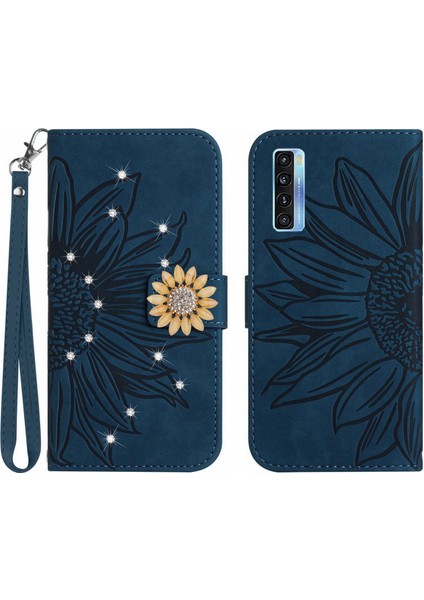 Tcl 20S/20 5G/20L Pırlantalı Kabartmalı Ayçiçeği Kısa Askılı Manyetik Kartlıklı Cüzdan Telefon Kılıfı (Yurt Dışından)