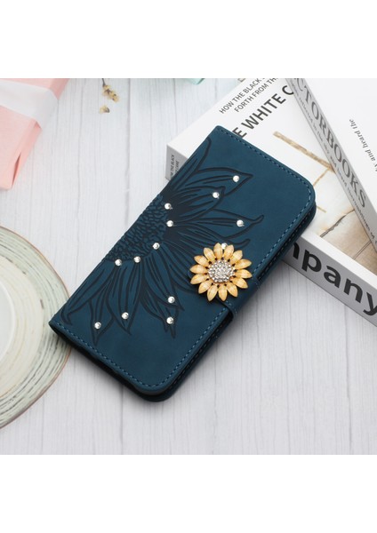 Samsung Galaxy S22 Plus Pırlantalı Kabartmalı Ayçiçeği Kısa Askılı Manyetik Kartlıklı Cüzdan Telefon Kılıfı (Yurt Dışından)