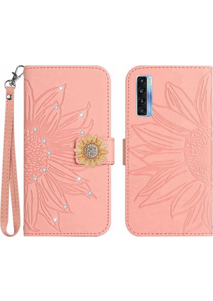 Tcl 20 Pro 5g Pırlantalı Kabartmalı Ayçiçeği Kısa Askılı Manyetik Kartlıklı Cüzdan Telefon Kılıfı (Yurt Dışından)